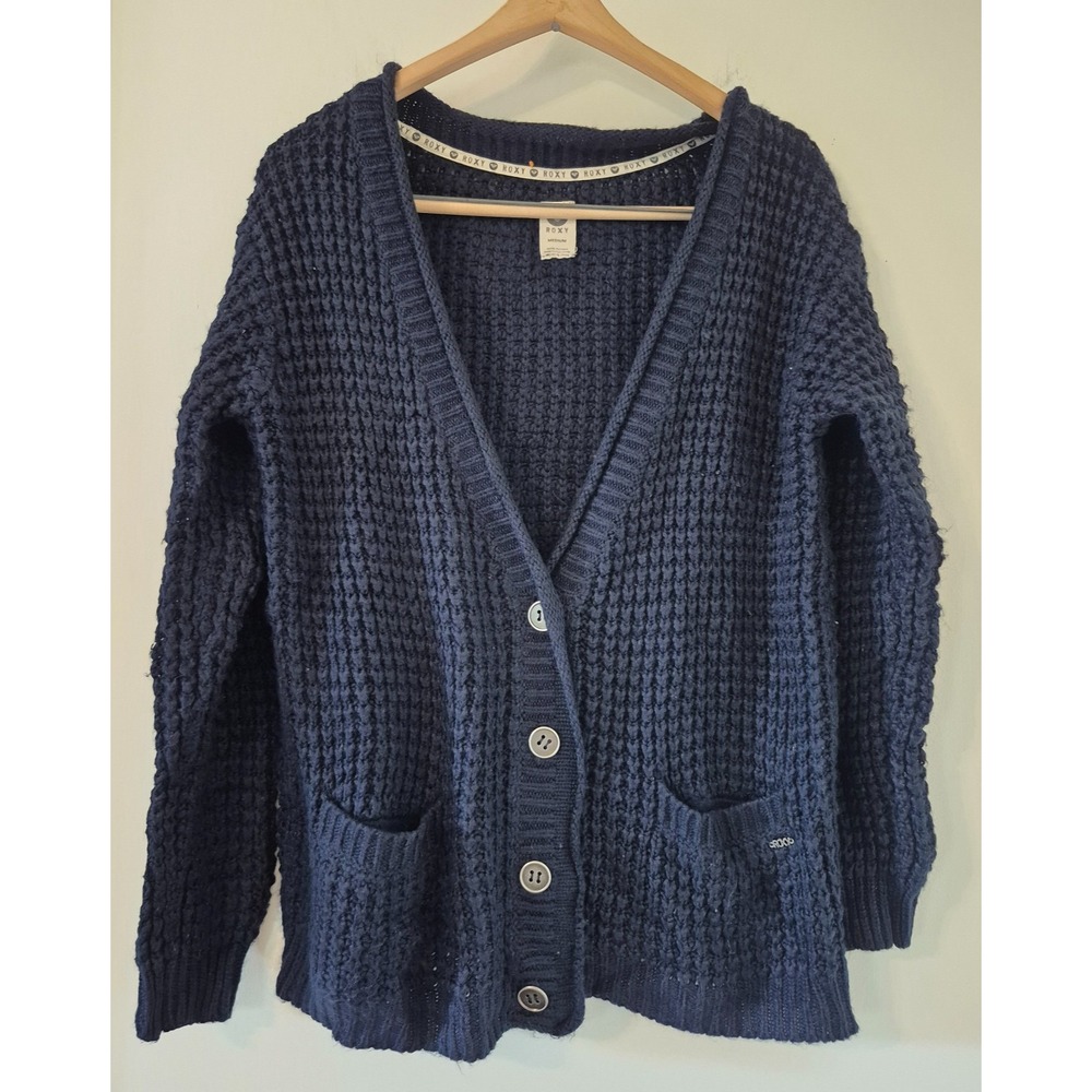 ROXY Women Size M Chunky Waffle Knit Button Front Cardigan Grandpa Sweater Cozy